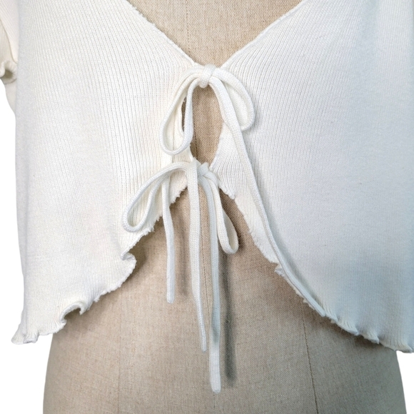 Tach Gaine White Tie-Front Ribbed Flutter Sleeve Crop Cardigan Top Womens Size S - Picture 2 of 9
